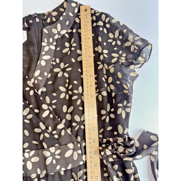 Talbots Dress Women 12P Brown Floral Silk Faux Wrap Tie Short Sleeve V-Neckline - Picture 9 of 12